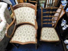 An Edwardian bent wood inlaid chair twinned with a