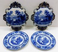 Two blue & white transferware plaques & two simila