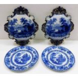 Two blue & white transferware plaques & two simila