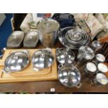 A quantity of stainless steel kitchen wares includ