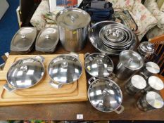 A quantity of stainless steel kitchen wares includ