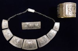 A South American silver bracelet, necklace & brooc