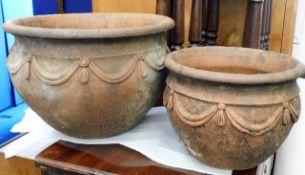 Two terracotta garden pots 15.5in wide x 10.5in hi