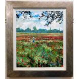 A framed oil on panel of poppy field by Timmy Mall