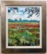 A framed oil on panel of poppy field by Timmy Mall