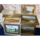 Five c.1900 oil paintings of landscapes twinned wi