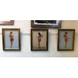Three framed 50's style oil on panel of bikini gir