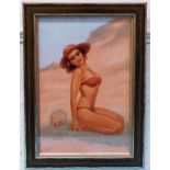 A framed 50's style oil on panel of beach girl by