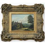 A c.1800 oil on panel of rural cottage landscape w