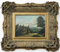 A c.1800 oil on panel of rural cottage landscape w