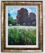 A framed oil on panel of poppy field by Timmy Mall