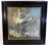 A framed oil on canvas titled to verso "Sun 16" by