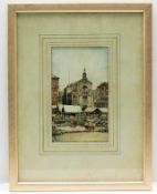 A framed continental watercolour of market town sc