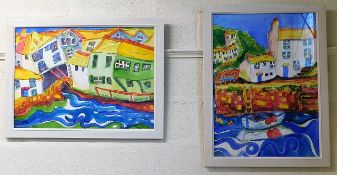 Two framed colourful watercolours of Polperro by l