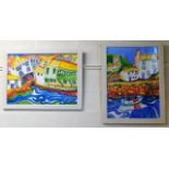 Two framed colourful watercolours of Polperro by l