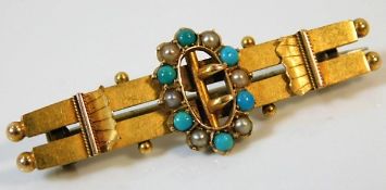 A 15ct gold brooch set with turquoise & seed pearl