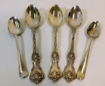 Three patterned silver spoons twinned with a pair