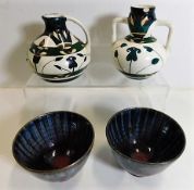 Two hand painted art nouveau pots twinned with gla