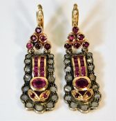 A pair of early 20thC. Russian 12ct gold & 0.875 silver earrings set with ruby & diamonds 12.6g
