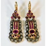 A pair of early 20thC. Russian 12ct gold & 0.875 silver earrings set with ruby & diamonds 12.6g