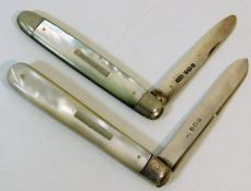 Two silver bladed fruit knives with mother of pear