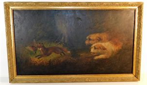 A 19thC. George Armfield oil on canvas of terriers pursuing a fox with a pheasant in gilt frame, ima