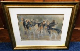 A framed pastel study of a pack of blood hounds si