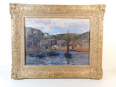 An oil on canvas depicting Polperro harbour & vill