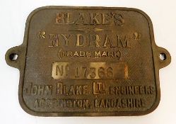 A solid brass Blake's Hydram Accrington, Lancashir