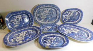 Three large blue & white transfer ware 17.75in x 1