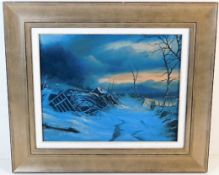 An oil on panel by Alan Kingwell depicting winter