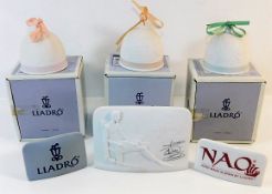 Three boxed Lladro bells & three Lladro/Nao plaque