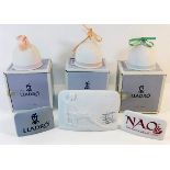 Three boxed Lladro bells & three Lladro/Nao plaque