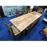 An impressive 18thC. elm farmhouse refectory table, 8ft 2in long x 30in wide set with six rush seate
