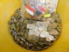 A bucket of Cypriot coinage, other coinage & a bag