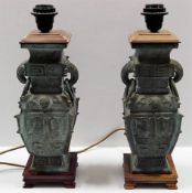 A pair of heavy Chinese bronze lamp bases 16in tall as is (has shades not pictured)
