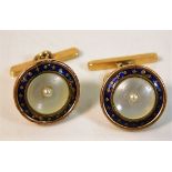 A pair of yellow metal enamel & pearl cufflinks, some faults to enamel 6.8g, bar & chain only test a