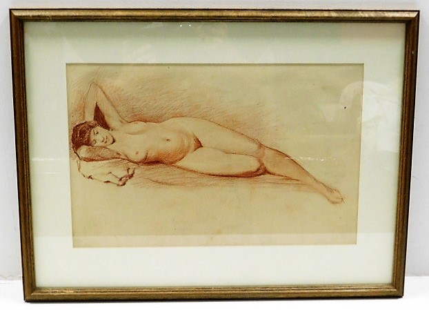 A double sided glass framed sketch of reclining nu