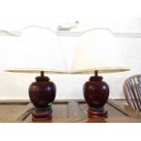 Two turned wooden lamps with brass mounted shades