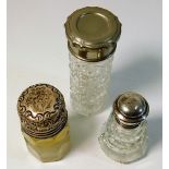 Two silver topped scent bottles & one plated