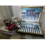 A cased plated mother of pearl cutlery set twinned