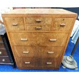 An art deco Heals of London style seven drawer walnut veneer chest of drawers 39in high x 30in wide