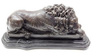 A bronze, marble mounted incumbent lion after Bonh