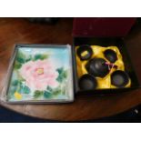 A Japanese cloisonné rose décor dish twinned with