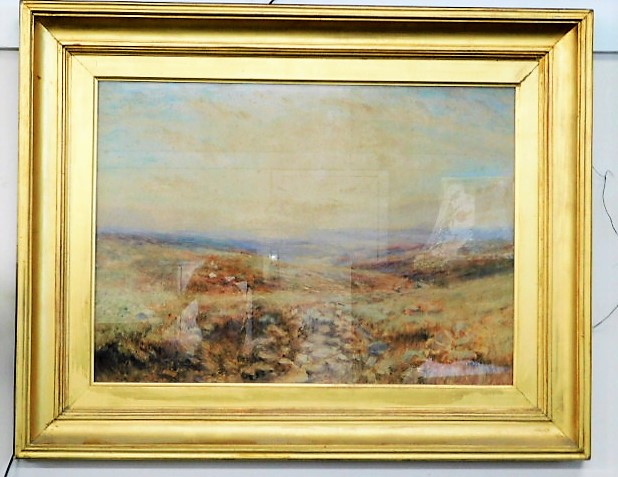 A large gilt framed Dartmoor watercolour, indistin