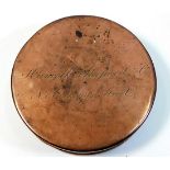 A Georgian copper snuff box inscribed "Hancock, Sh