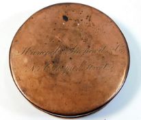 A Georgian copper snuff box inscribed "Hancock, Sh