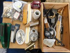 A box of mixed sundry items including a small "lea