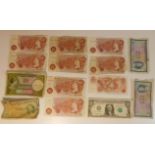 A selection of various bank notes, mostly used