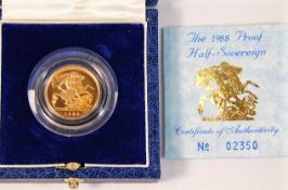 A 1988 Royal Mint boxed & cased QEII half gold pro